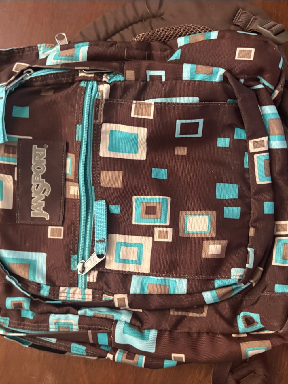 Jansport Brown Backpack with Teal Geometric Print
